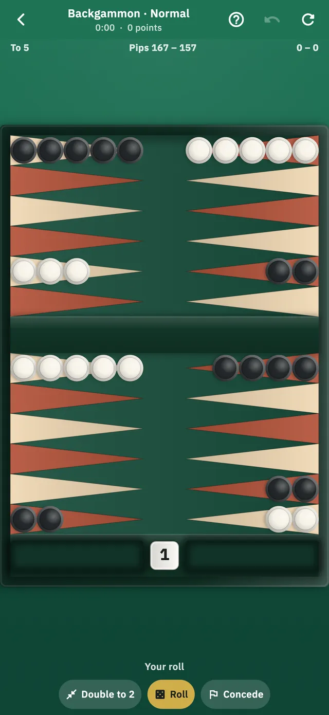 A game of backgammon in progress, the checkers spread across the points, with the pip count above the board and the doubling cube below it.