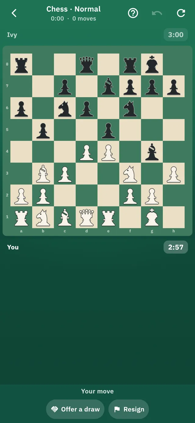 A chess game in progress with the board shown from the player’s side.