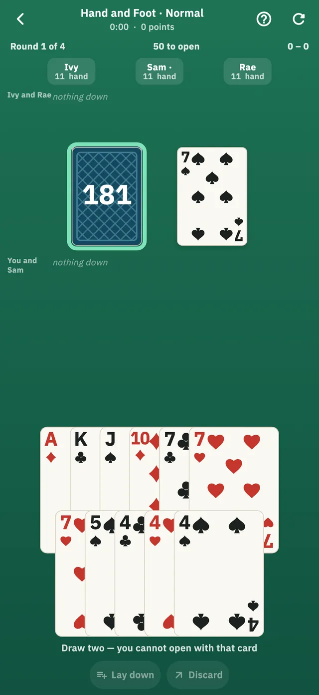 A hand of Hand and Foot in progress, with the stock and discard pile on the felt, each opponent’s card count above them, and the player’s hand fanned along the bottom.