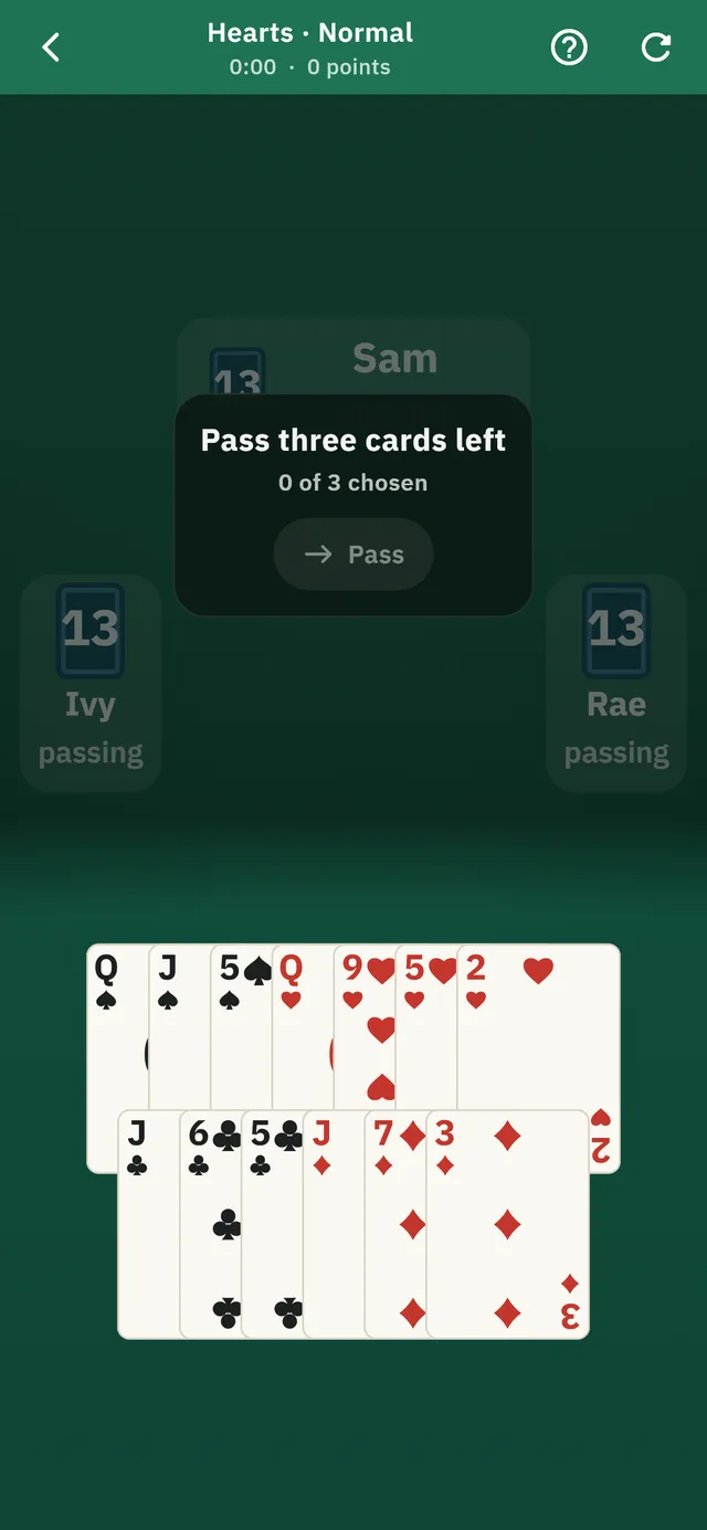 A hand of Hearts in play against three computer opponents.